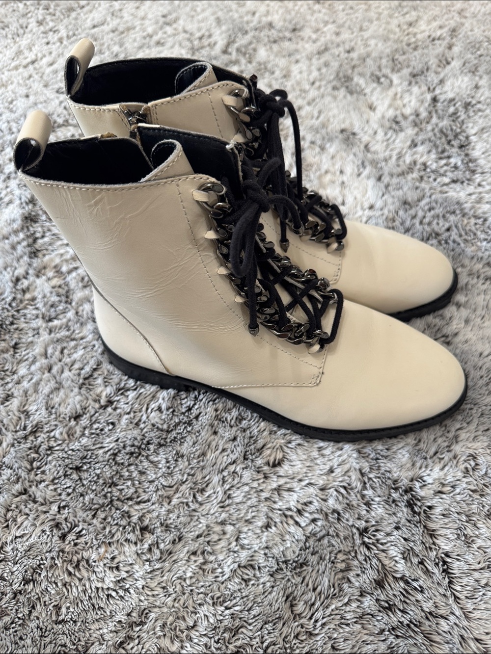 Rebeca Minkoff Janiya Chain Ivory Leather Lace Up Combat Boots Round Toe 8.5